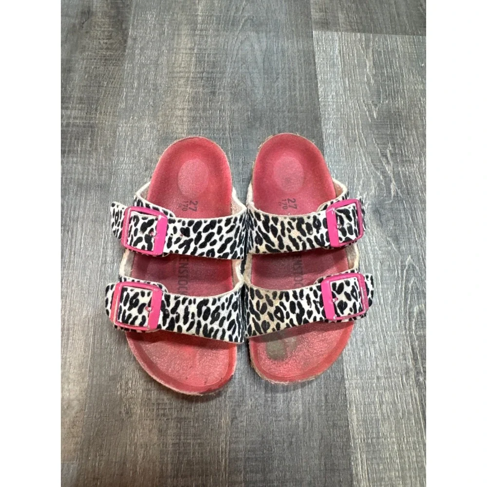 Birkenstock Kids Arizona Leopard Print Calf Hair Pink Sandals Sz 27 EU 10-10.5